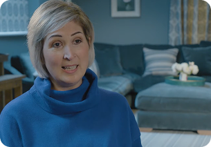 This is a link to a video. Lou, a person living with multiple myeloma. She has a short blonde bob and is wearing an ultramarine blue top