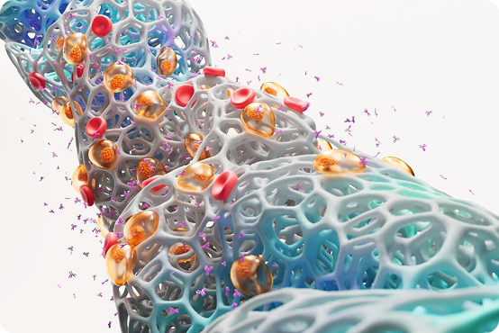 A computer graphic that shows blood cells, antibodies, and a biological structure.