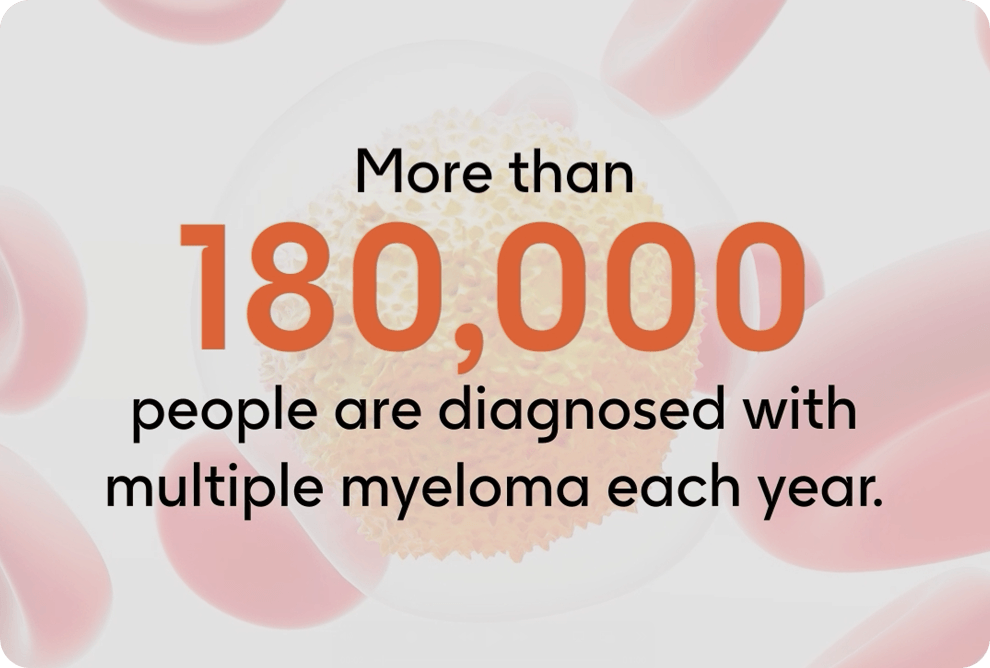 A link to a video. The text reads: More than 180,000 people are diagnosed with multiple myeloma each year.