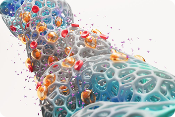 A computer graphic that shows blood cells, antibodies, and a biological structure.